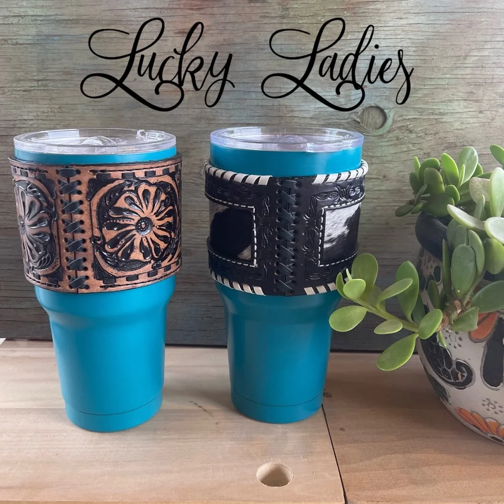 30oz Insulated Western Stamped Tooled Hide & Leather Sleeve Tumblers Handmade - Picture 2 of 4